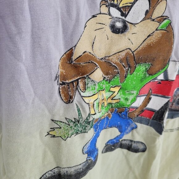 Novel Teez Mens medium Vtg warner bros Taz gray yellow 90s graphic t shirt flaws - Picture 8 of 11